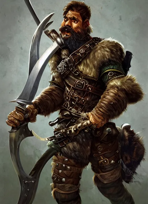 Image similar to strong young man, photorealistic bugbear ranger holding sword, fire magic, black beard, dungeons and dragons, pathfinder, roleplaying game art, hunters gear, jeweled ornate leather and steel armour, concept art, character design on white background, by norman rockwell, makoto shinkai, kim jung giu, artstation trending, poster art, colours red and green