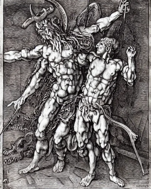 Image similar to devil fights angel, high detail, extremely detailed, very sharp, in the style of albrecht durer,