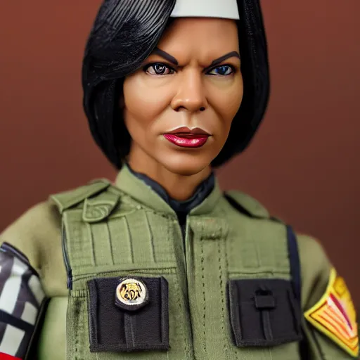 Image similar to Condoleezza Rice as a G.I. Joe action figure, studio photograph, XF IQ4, 150MP, 50mm, F1.4, ISO 200, 1/160s, natural light, Adobe Photoshop, Adobe Lightroom, photolab, Affinity Photo, PhotoDirector 365