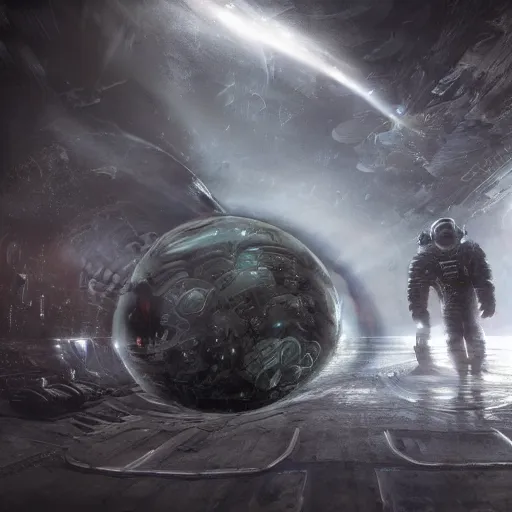 Prompt: concept art by craig mullins astronaut in futuristic dark and empty spaceship underwater. infrared complex and hyperdetailed technical suit. mandelbulb fractal. reflection and dispersion materials. rays and dispersion of light. volumetric light. 5 0 mm, f / 3 2. noise film photo. flash photography. unreal engine 4, octane render. interstellar movie art