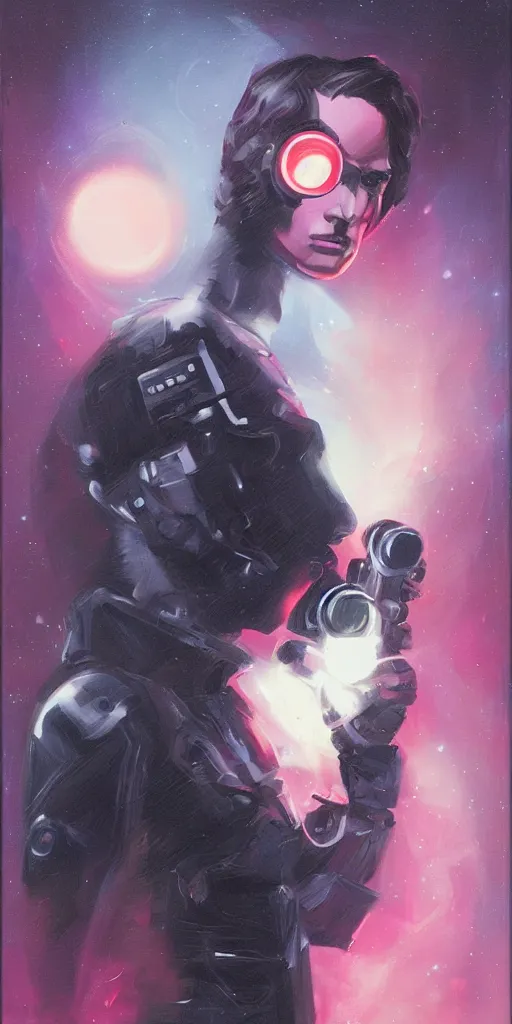Image similar to portrait painting of a space mechanic, retrowave noir, in the style of frank cho, casey baugh and james jean