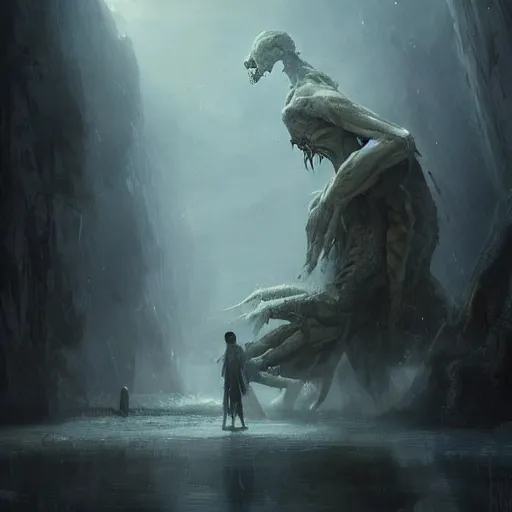 Prompt: a beautiful terrifying pale giant looms over a tiny human child. ethereal fantasy art by greg rutkowski