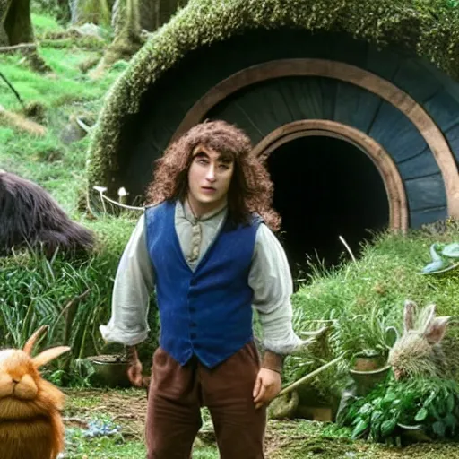 Image similar to Bartook a teen hobbit with short curly dark brown hair wearing a blue vest with a white sash standing next to a giant rabbit, high resolution film still, movie by Peter Jackson