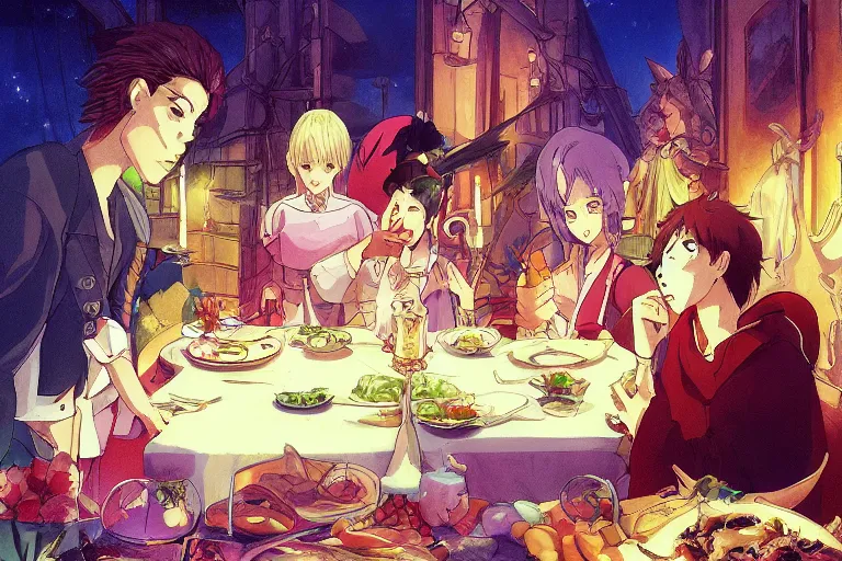 Image similar to cell shaded anime key visual of a royal family having a feast in the style of studio ghibli, moebius, ayami kojima, makoto shinkai, dramatic lighting, clean lines