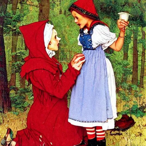 Prompt: little red riding hood discovering the wolf dressed up as her grandmother by norman rockwell