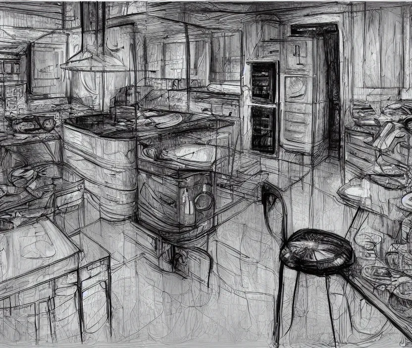 Image similar to An of interior of a kitchen at night, rotoscoped, rotoscope, photoshop, photomanipulation, realism, painting, illustration and sketch, weird scribbles, hybrid styles, hybrid art styles, mismatched, trending on artstation, trending on deviantart, weird, quirky, interesting, very detailed, highly detailed, HD Quality, 4k resolution, 8k resolution, in the style of David Firth, in the style of James Lee, in the style of Drue Langlois,