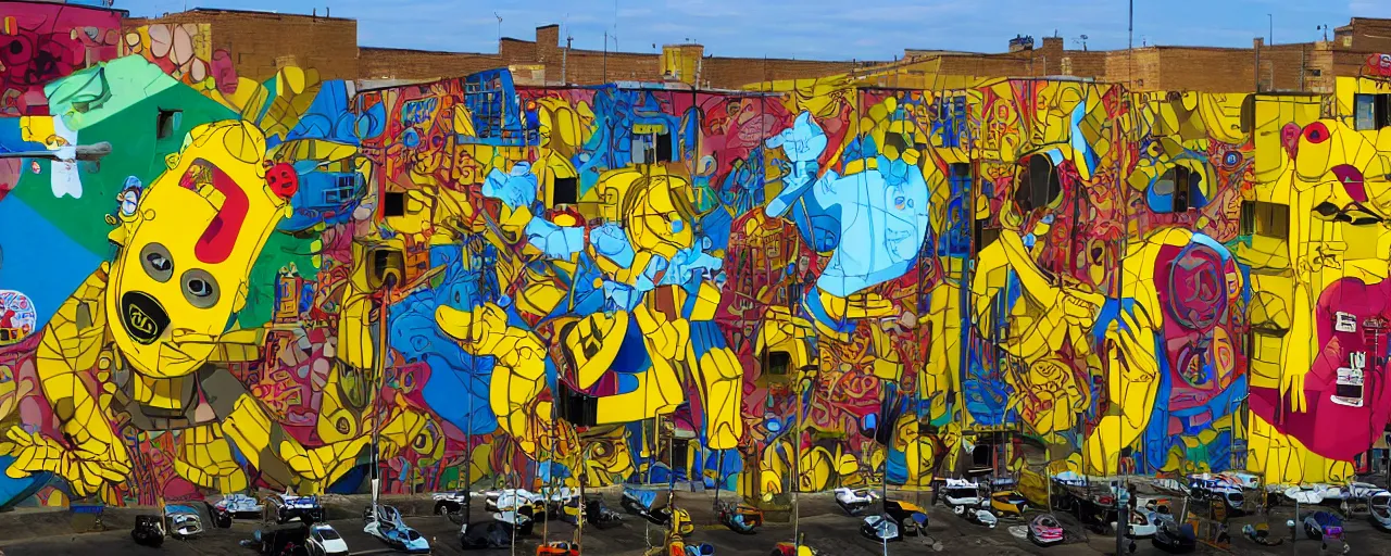 Prompt: a huge and complex mural by os gemeos, street art style, graffiti, hyperdetailed