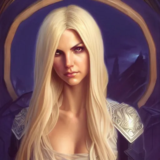 Image similar to Blonde Victoria Justice with hazel eyes as Emma Frost, western, D&D, fantasy, intricate, elegant, highly detailed, digital painting, artstation, concept art, matte, sharp focus, illustration, art by Artgerm and Greg Rutkowski and Alphonse Mucha