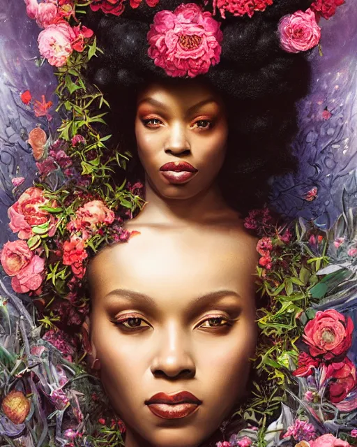 Image similar to portrait of the afro - american queen of the underworld, surrounded by flowers by karol bak, james jean, tom bagshaw, rococo, sharp focus, trending on artstation, cinematic lighting, hyper realism, octane render, 8 k, hyper detailed.