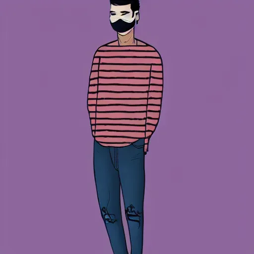 Image similar to professional colored sketch of a full-body view of a stylish young adult man with short hair wearing a black face mask, a striped long-sleeved shirt, and ripped jeans, high quality, HD, 8K, highly detailed, award-winning, dark purple clouds