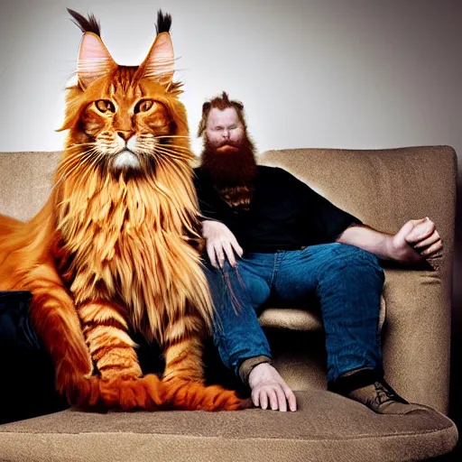 Image similar to ”huge orange maine coon cat biting the nose of a red bearded viking resting on a couch, [cinematic, photorealistic, dslr, portrait, photography, annie leibowitz]”