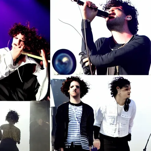 Image similar to the 1 9 7 5 performing at coachella, band performance, close up pictures of matty healy, joy, crowd