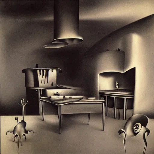 Image similar to kitchen, by yves tanguy