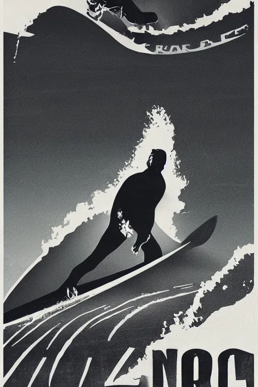 Prompt: poster art, movie poster, noir, textured, paper texture, point break by saul bass and paul rand, surfing, ocean, waves
