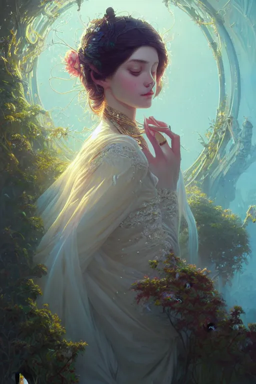 Image similar to highly detailed portrait of beautiful ethereal woman in ornate clothing, stephen bliss, unreal engine, fantasy art by greg rutkowski, loish, rhads, ferdinand knab, makoto shinkai and lois van baarle, ilya kuvshinov, rossdraws, tom bagshaw, global illumination, radiant light, detailed and intricate environment