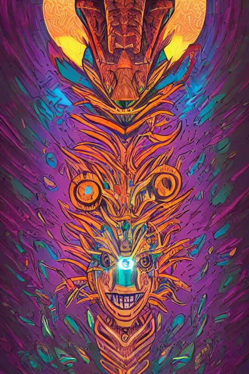 Image similar to totem animal tribal chaman vodoo mask feather gemstone plant wood rock video game illustration vivid color borderlands by josan gonzales and dan mumford radiating a glowing aura