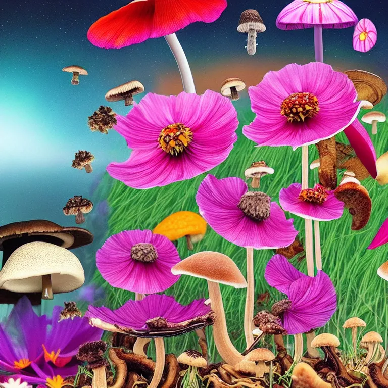 Image similar to Kombucha, tea mushroom, tea fungus, manchurian mushroom fly in cosmos. Extremely high details, realistic, art, masterpiece