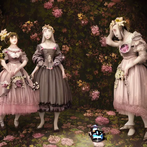 Prompt: 8k, octane render, depth layering, polarizing filter, AI enhanced, realism, tonalism, renaissance, rococo, baroque, group of creepy young ladies wearing long harajuku manga dress with flowers and skulls, background chaotic flowers