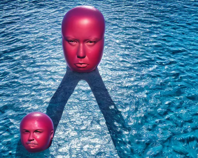 Image similar to a giant sculpture made out of inflatable pool toys in a human head shape, on the surface of the ocean, in the style of chad knight, long shot, hyper detailed, hyper realistic, ray tracing, 8 k resolution, sharp focus, realistic water, award winning sculpture