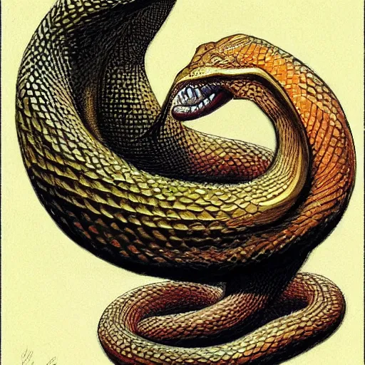 Image similar to cubic zirconia by john howe, by hal foster hideous. a beautiful photograph of a snake eating its own tail that seems to go on forever.