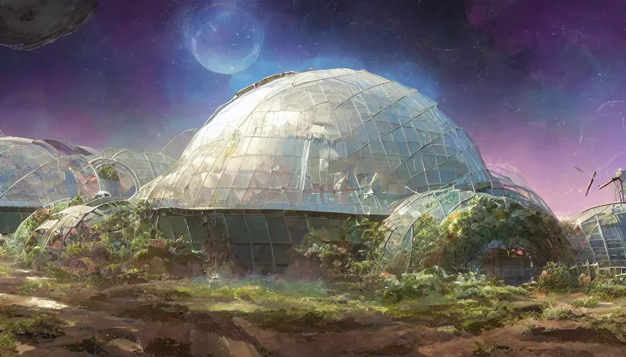 Image similar to craig mullins and ghibli digital illustration of a giant biodome in outer space, astrophotography, colorful, unreal engine, hyper realism, realistic shading, cinematic composition, realistic render, octane render, detailed textures, photorealistic, wide shot,