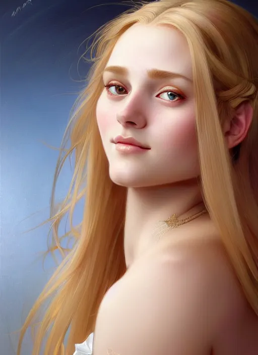 Image similar to beautiful feminine face! portrait of young woman blessed by god with ever - increasing physical mental perfection, blonde hair, symmetrical! intricate, elegant, highly detailed, holy perfection!! smile, feminine features, digital painting, artstation, concept art, smooth, sharp focus, illustration, art by artgerm and greg rutkowski and alphonse mucha