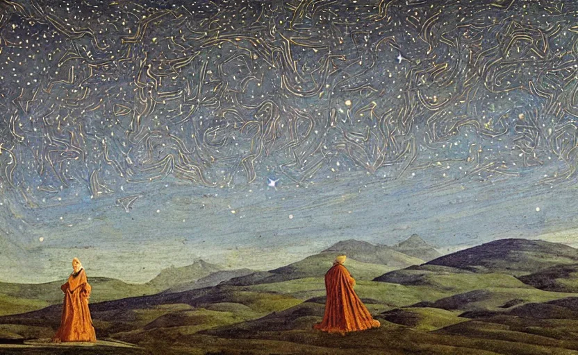 Prompt: mountains, stars and paisley filled sky, artstation, intricate, highly detailed, digital painting, concept art, sharp focus, illustration by Piero della Francesca and Ivan Bilibin