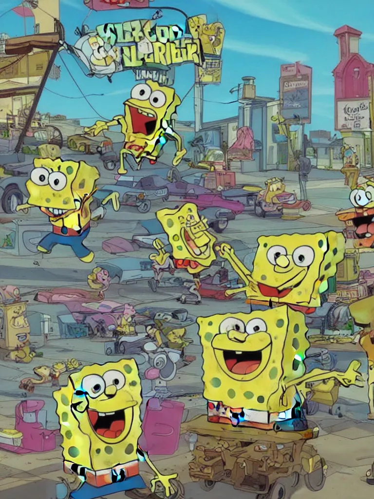 Prompt: Spongebob as gta 5 cover art, very detailed, award winning shading