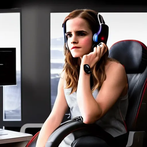 Prompt: emma watson wearing a gaming headset photo sitting on gaming chair dramatic lighting