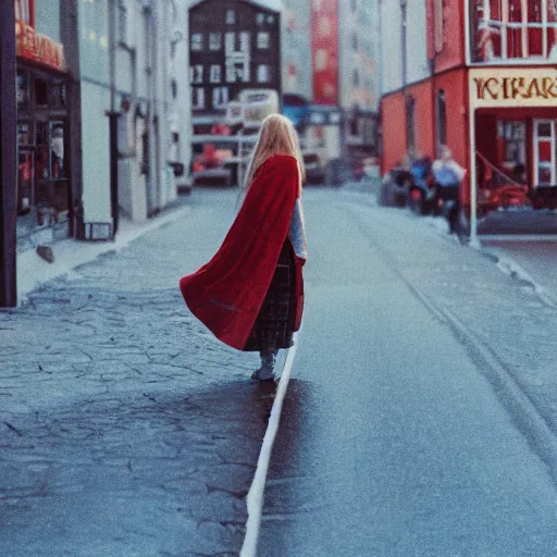 Image similar to hd photo of the norse goddess freya in a modern norwegian city. high - quality candid photography, cinestill 5 0 0