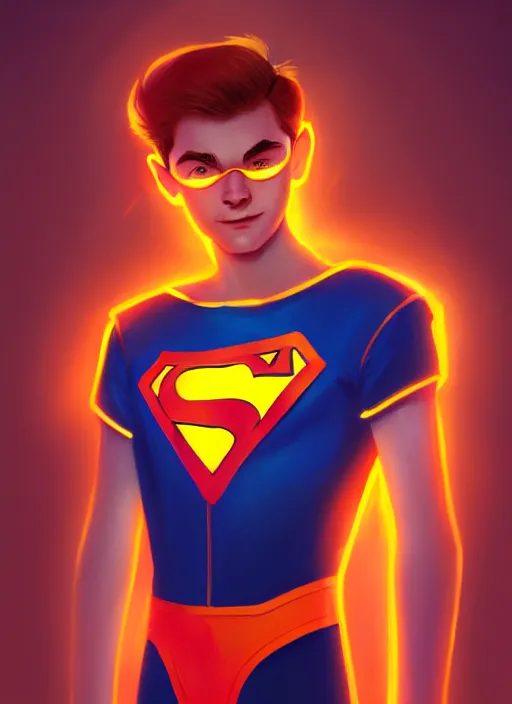 Image similar to kind teenage archie andrews wearing an orange superhero costume, superhero costume with heart emblem, cape, intricate, elegant, glowing lights, highly detailed, digital painting, artstation, sharp focus, illustration, art by wlop, mars ravelo and greg rutkowski