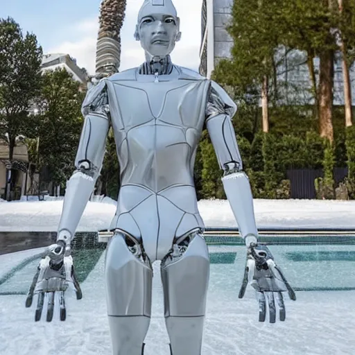 Image similar to made of ice, a realistic detailed photo of a guy who is an attractive humanoid who is half robot and half humanoid, who is a male android, on display, blank stare, showing off his muscles, shiny skin, posing like a statue, by the pool, frozen ice statue, f 1 driver max verstappen, humanoid robot