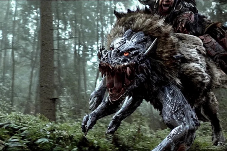 Image similar to vfx movie closeup detailed ancient armored warrior orc hunting riding large wolf in the forest, natural lighting by emmanuel lubezki