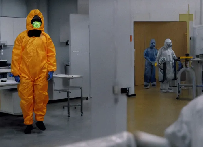 Prompt: one single man in a hazmat suit in a high tech science lab watches helplessly as a blobby flesh creature grows out of control