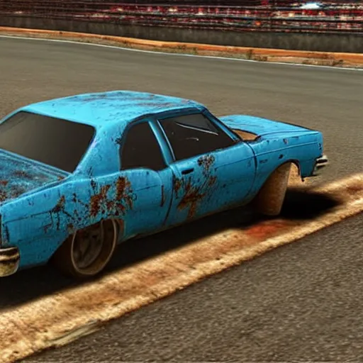 Image similar to A screenshot of a rusty, worn out, broken down, decrepit, run down, dingy, faded chipped paint, tattered, beater 1976 Denim Blue Dodge Aspen in FlatOut 2 on a race track