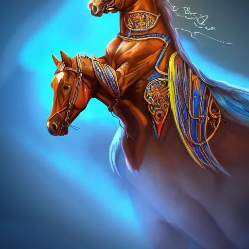 Image similar to horseman without head on top of horse with wings, colorful of blue color concept art, trending on artstation, highly detailed, intricate, sharp focus, digital art, 8 k