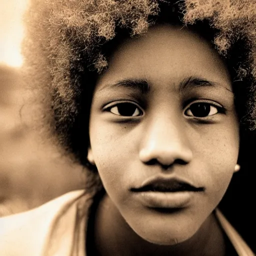 Image similar to portrait, extreme close up, sepia, teenager light - skin girl, afro hair, stares at the camera, night sky, stars, bruce gilden, leica s, fuji 8 0 0, grainy, low light