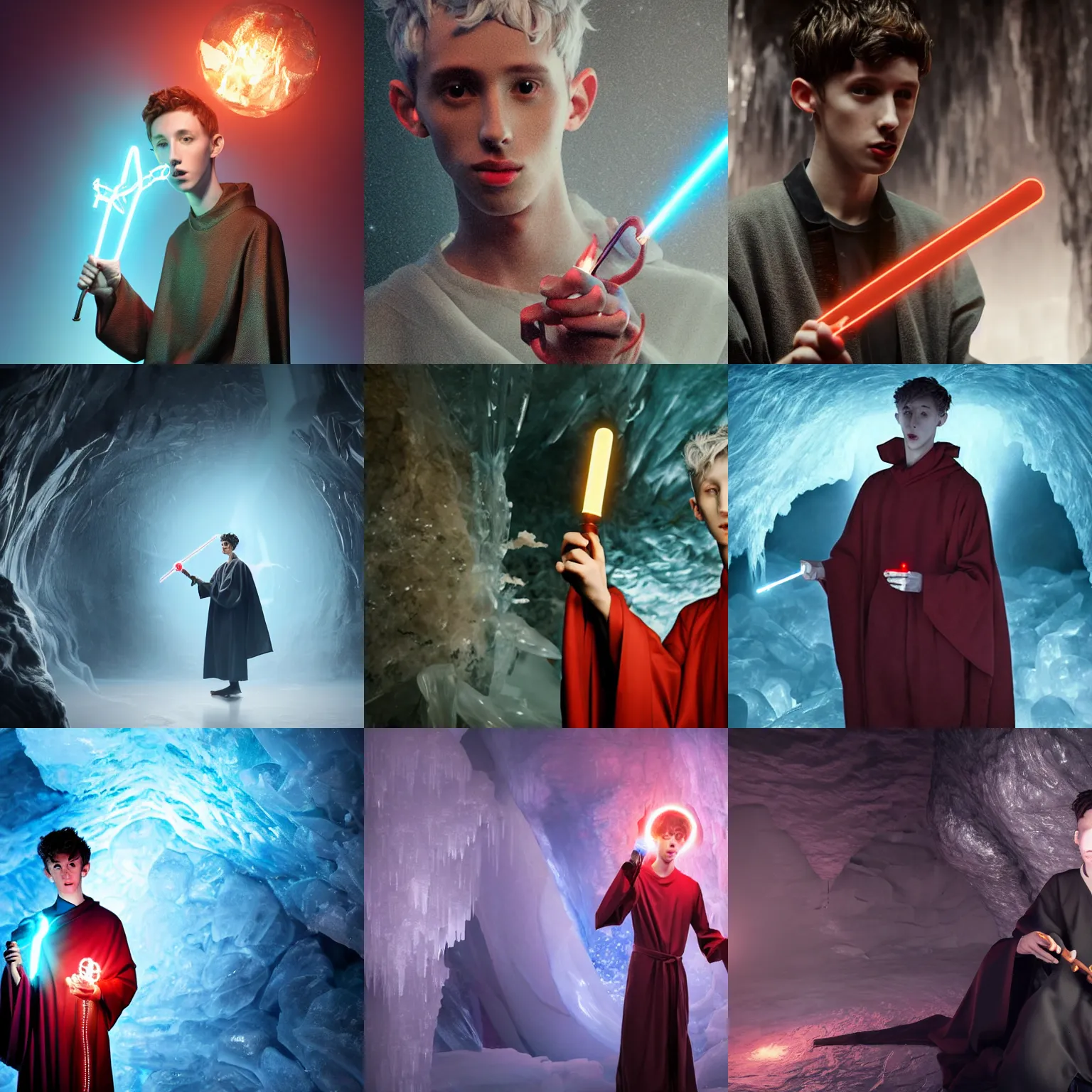 Prompt: Troye Sivan wearing monk robes, holding a small glowing red magical wooden wand with electrical bolts emitting from it. In a cave made of ice. Trending on Artstation, octane render, ultra detailed, art by Ross tran