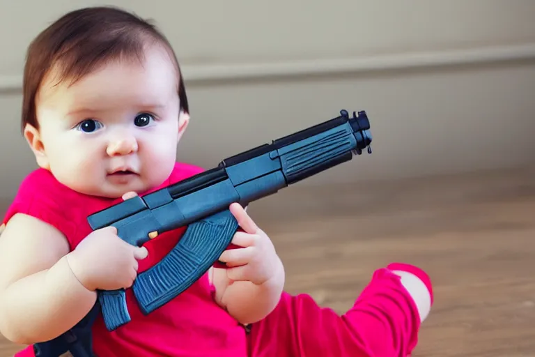 Image similar to baby holding fisher price ak-47 gun