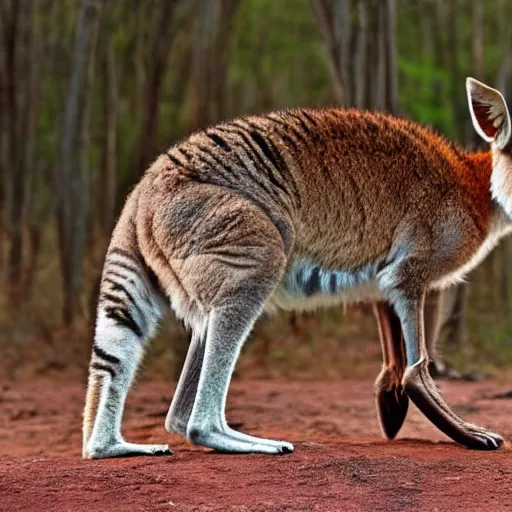 Image similar to a kangaroo with tiger stripes and a big red beard