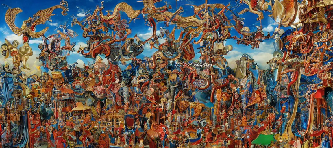 Prompt: mechanical angels descend from heaven in the middle of a small town during a carnival, surreal, quirky, highly detailed, colorful, dramatic, by h. r. van dongen, by wojtek siudmak, by jan van eyck, by frank r. paul - h 5 1 2