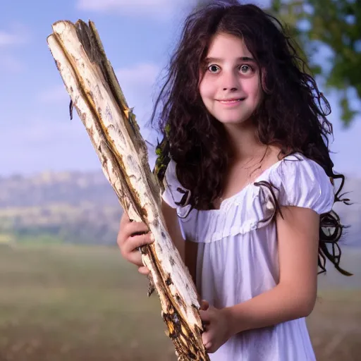 Image similar to a middle-school girl with unkempt wavy short brown hair wearing a white dress and holding a bundle of firewood, high resolution film still, 8k, HDR color