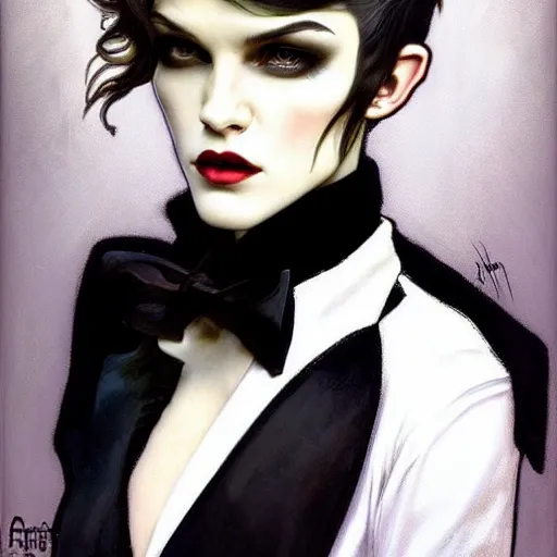 Image similar to beautiful portrait of androgynous ruby rose as desire from sandman in a white tuxedo!!!, rockabilly style, by alphonse mucha, cedric peyravernay, by jeremy mann, by frank moth, white suit and black tie, soft lightning, high detailed, 8 k