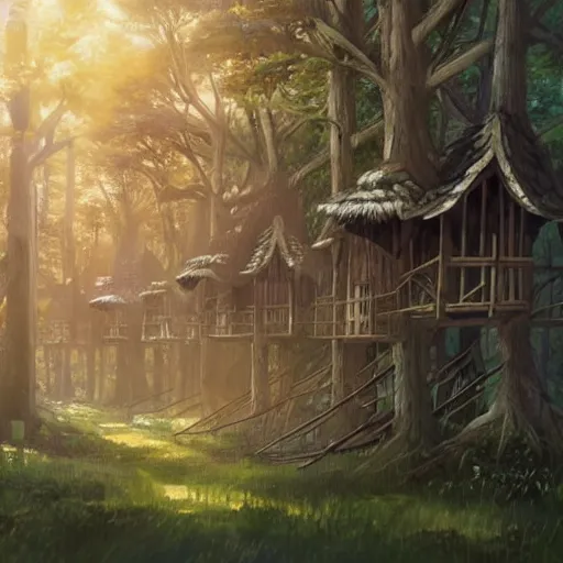 Image similar to concept art painting of treehouses made out of trees, walkways between trees, trees with doors and windows in a deep forest, realistic, detailed, cel shaded, in the style of makoto shinkai and greg rutkowski and james gurney