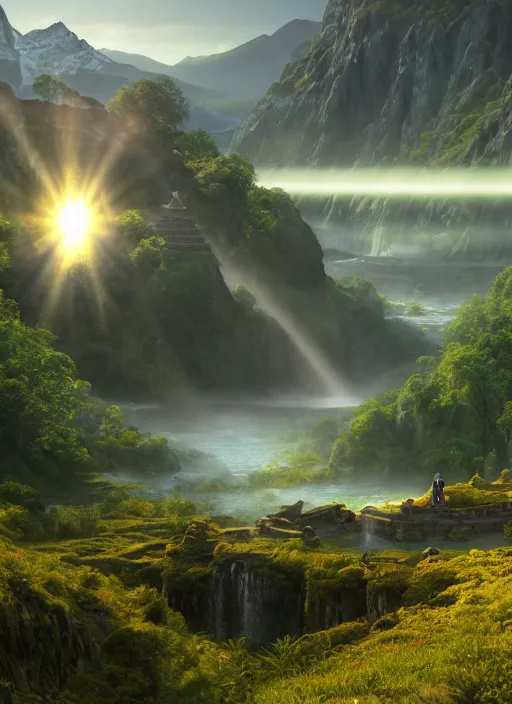 Image similar to an astral monk in lord of the rings scenery landscape, looking out at a vast lush valley at sunrise, big tibetan temple complex on a mountain in the distance, river, waterfall, god's rays, highly detailed, vivid color, cinematic lighting, perfect composition, 8 k, gustave dore, derek zabrocki, greg rutkowski, belsinski, octane render