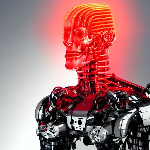 Image similar to the torso of fully a mechanical terminator man with borg implants, human face and robotic snakes coming out of his head is hanging from cables and wires off the ceiling of an futuristic computer lab and plugged into a quantum computer. His bottom half is missing with cables hanging out. resonance glowing red and white fractals, black dark background. curly blond hair pale skin. very detailed 8k. Cyberpunk horror style.