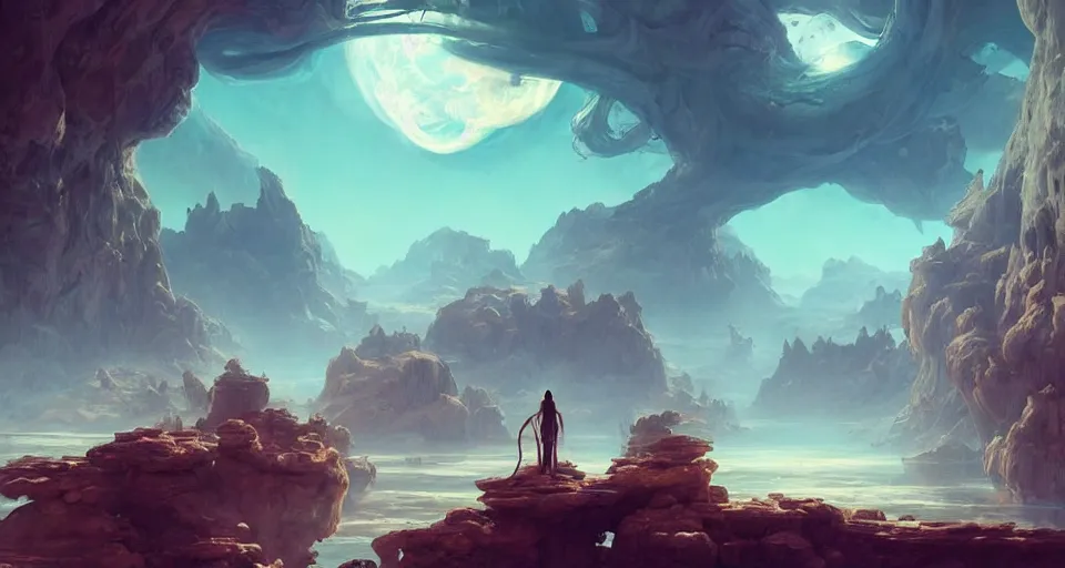 Image similar to a beautiful desert oasis!!!! with crystal clear water with an astronomically large humanoid!!!! monster!!!! in the sky, by wlop and peter mohrbacher, extremely detailed shading, concept art, digital painting, trending on artstation, unreal engine 5, octane render, atmosphere, glow, cinematic lighting, full of color