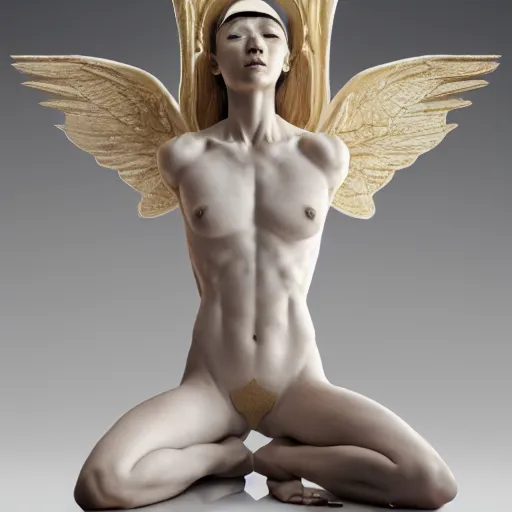 Prompt: a full body statue made of white marble with gold veins, of an beautiful gorgeous angel girl, perfect symmetrical body, perfect symmetrical face, no eyes, hyper realistic, hyper detailed, fujicolor superia 1 6 0 0 photo, by peter kemp, by monia merlo, by michelangelo octane render, blender, 8 k