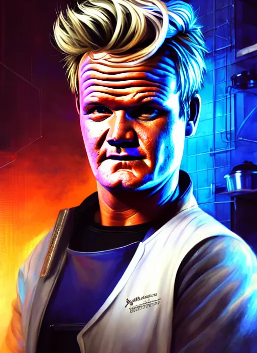 Prompt: cyberpunk gordon ramsey as the most talented chef in the universe, scifi kitchen background, diffuse lighting, fantasy, intricate, highly detailed, lifelike, photorealistic, digital painting, artstation, illustration, concept art, smooth, sharp focus, art by john collier and albert aublet and krenz cushart