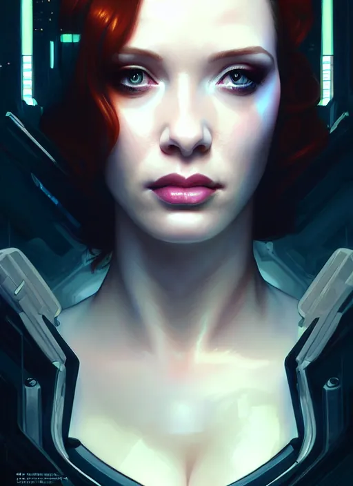 Prompt: bladerunner cyberpunk portrait of christina hendricks, beautiful face, highly detailed face!!!, extremely detailed!, digital painting, unreal engine 5, art by artgerm and greg rutkowski and alphonse mucha